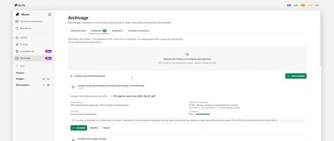 Processing tab of the Archiving tool in Munia: proposed name, location and deadline for a document, with a confidence score.