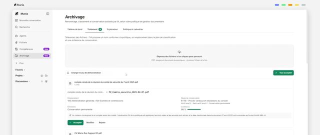 Processing tab: a meeting report receives a new compliant name, a location in the plan, a retention rule, a deadline and a 96% confidence score, with Accept, Edit and Reject buttons.